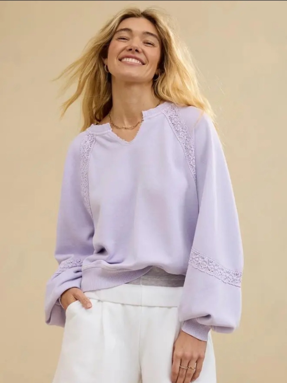 aerie Lavender Lace-Trim Crewneck Sweatshirt